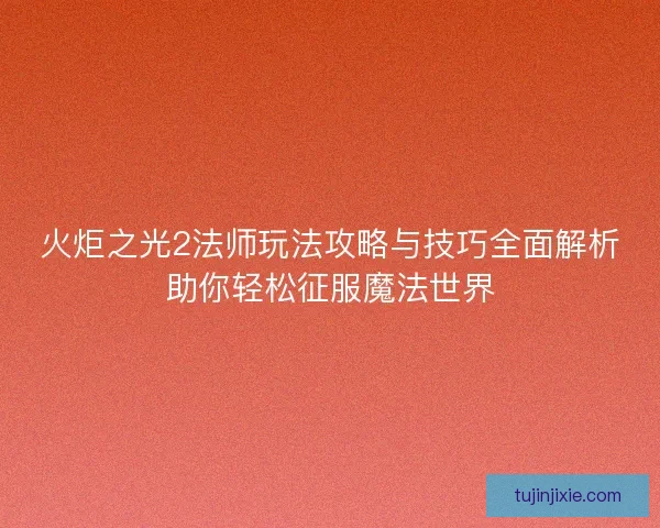 火炬之光2法师玩法攻略与技巧全面解析助你轻松征服魔法世界